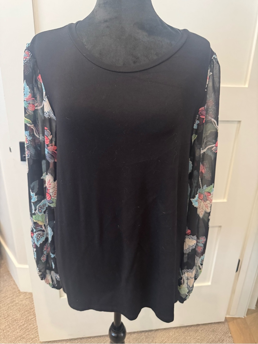 Black Top with Floral Sheer Long Sleeves